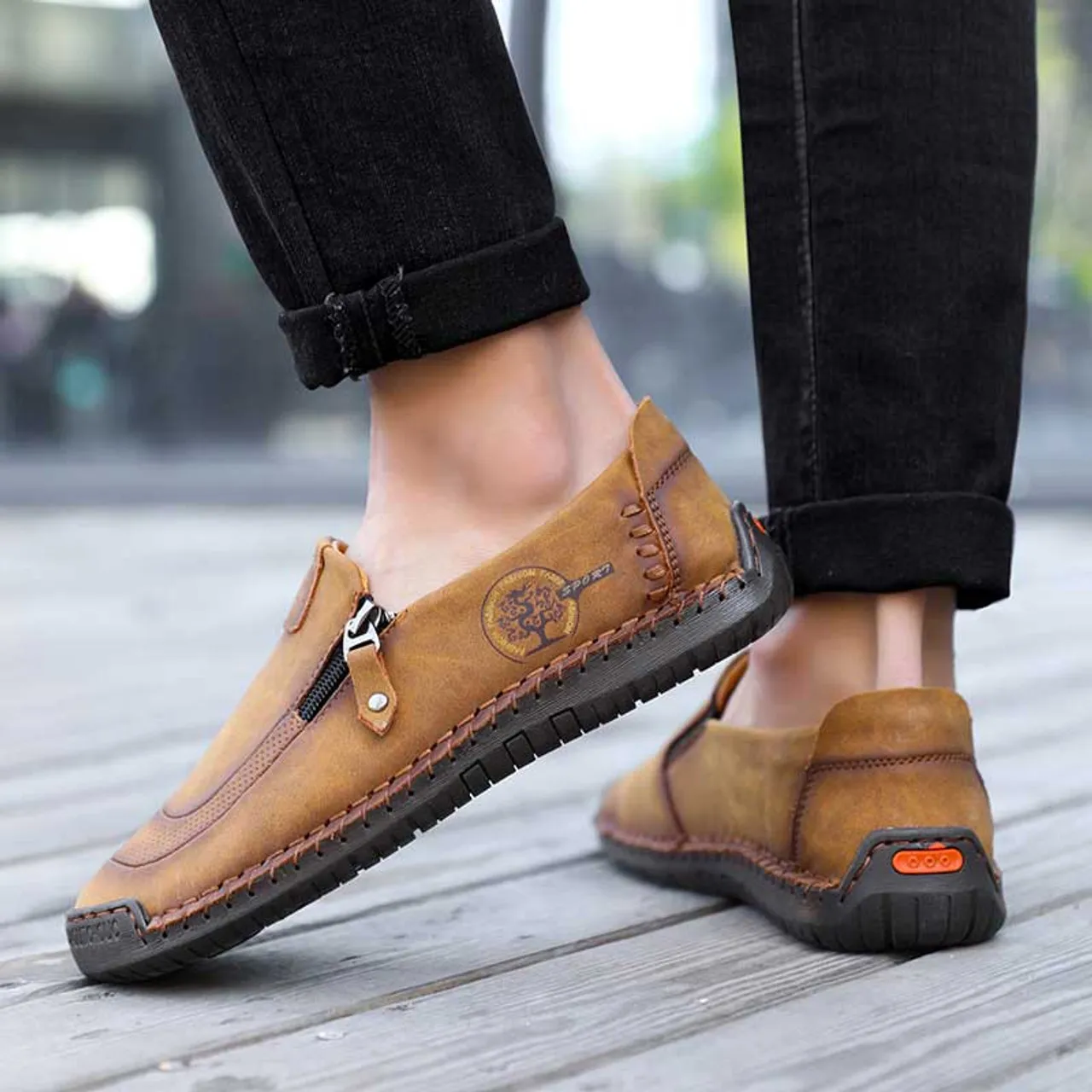 Brown pattern print zip on side slip on shoe loafer