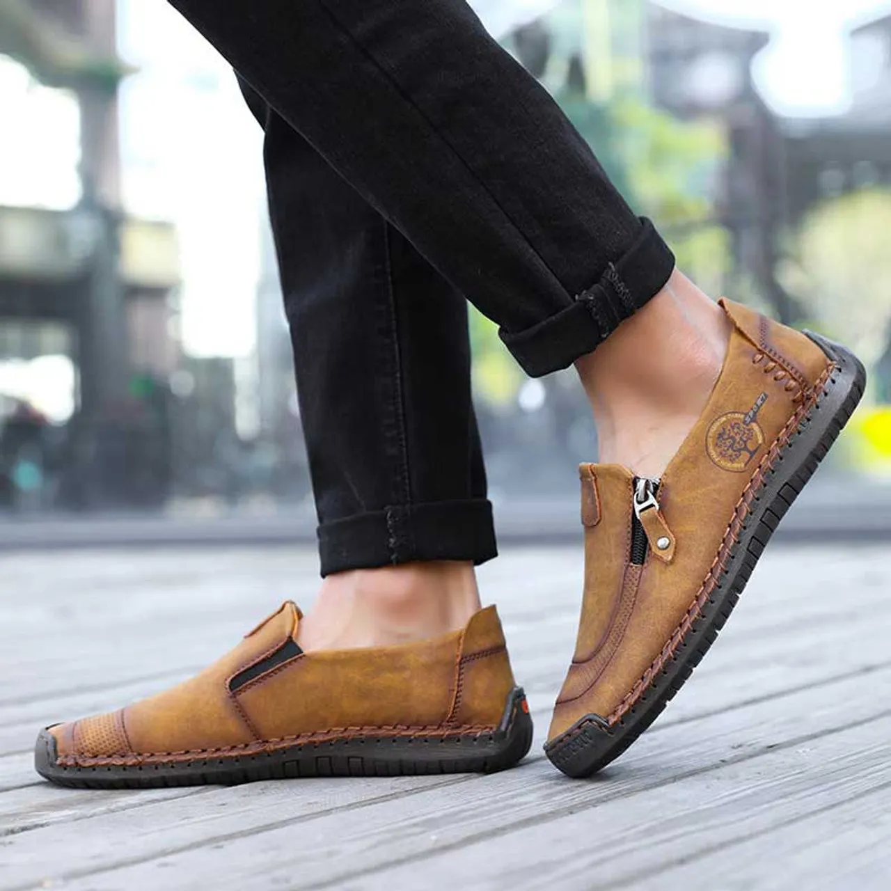 Brown pattern print zip on side slip on shoe loafer