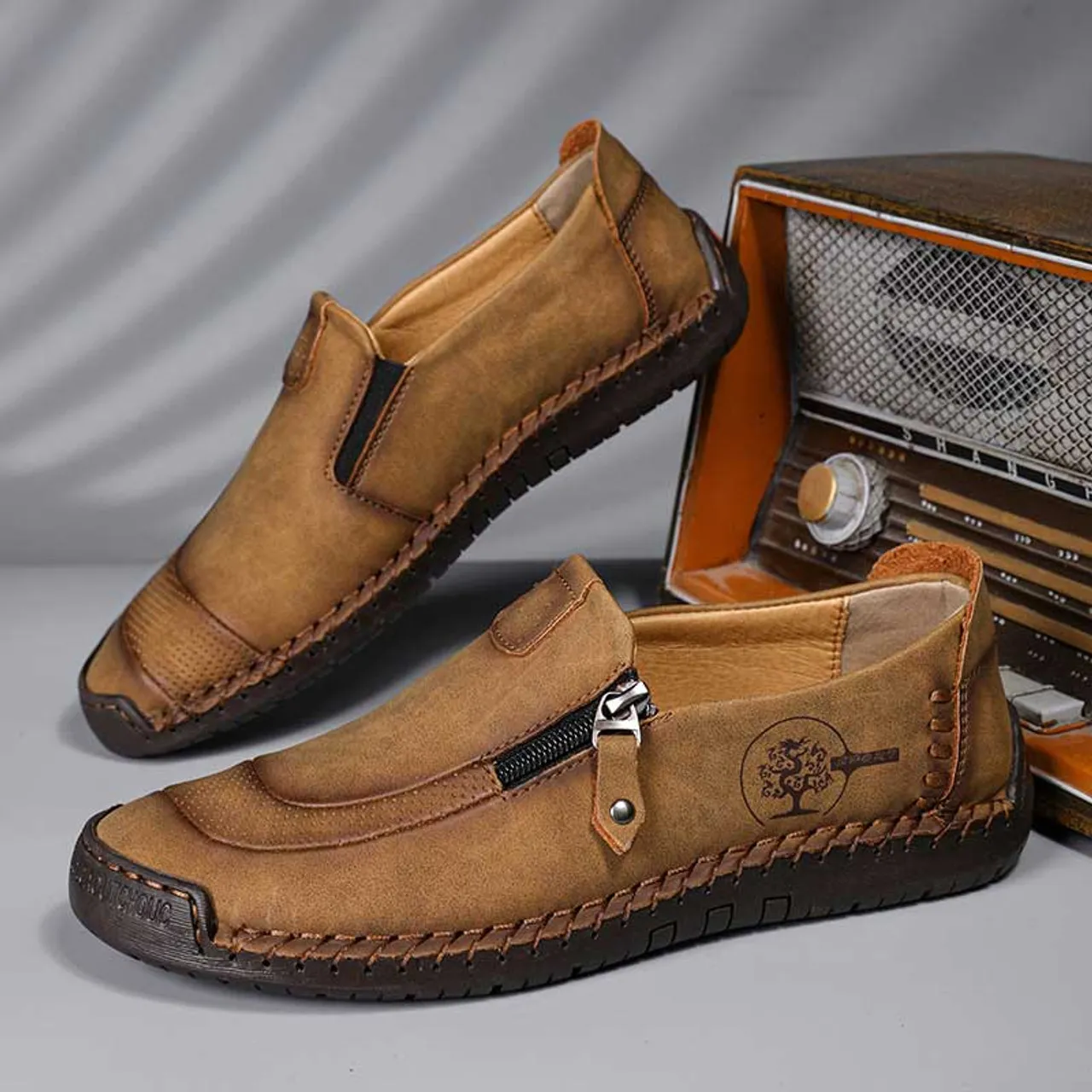 Brown pattern print zip on side slip on shoe loafer