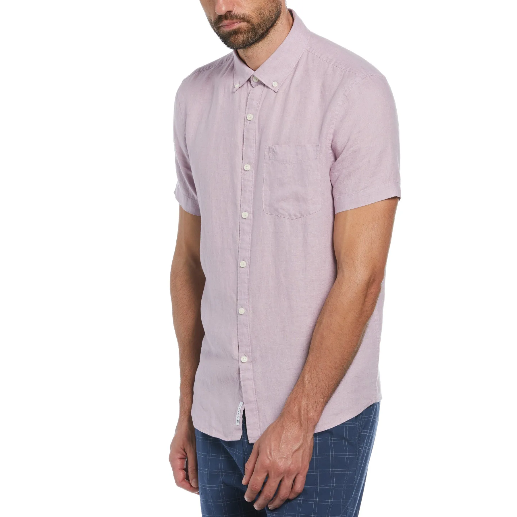 Delave Linen Short Sleeve Button-Down Shirt With Chest Pocket In Lavender Frost