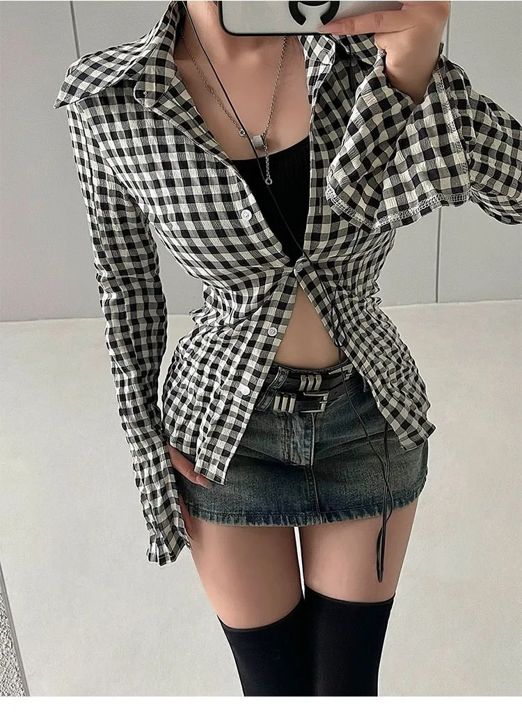 Wiona Plaid Long Sleeve Lapel Button Up Office Shirt Design Top